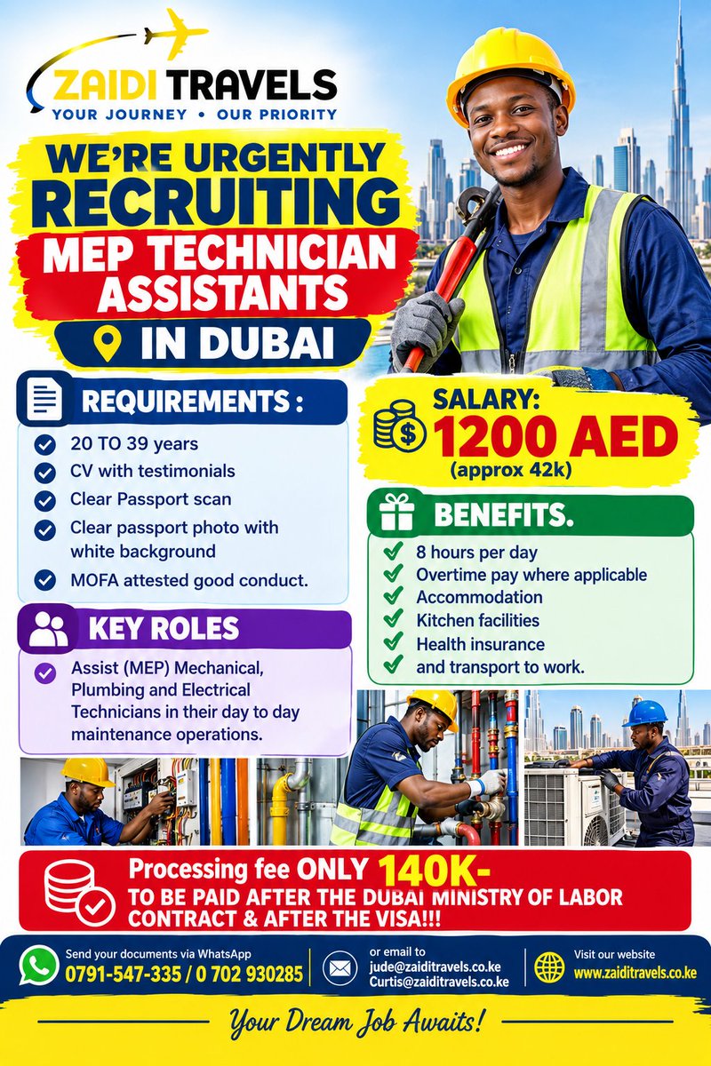 Kiriminti's tweet photo. OPPORTUNITIES FOR MEP TECHNICIAN ASSISTANTS IN DUBAI. APPROX 42k SAL . PROCESSING FEE 140K #kenyanjobseekers #nairobijobseekers #jobsforfreshers #zaiditravels #JobsKen https://t.co/z565Y61e57