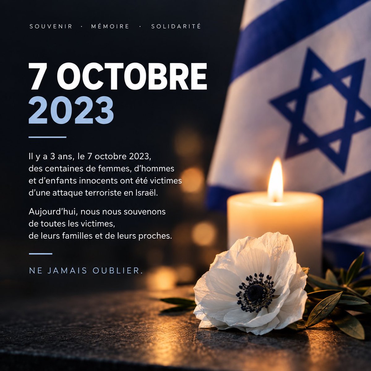 SJallamion's tweet photo. 🇮🇱 🇫🇷 7 octobre 2023. Comme de nombreux internautes, je me connectais au réseau social X pour suivre l’actualité, quand des images d’une violence inouïe ont commencé à devenir virales.

Ces images étaient tantôt celles relayées par des participants à un festival organisé en Israël près de la frontière avec la bande de Gaza, tantôt celles publiées par les assaillants eux-mêmes.

La barbarie avec laquelle ces terroristes ont abattu des civils ciblés au hasard ne laissait aucun doute sur le fait qu’ils n’avaient aucune considération pour la vie humaine, allant jusqu’à cibler les animaux domestiques des familles qu’ils ont froidement abattu.

Chaque séquence dévoilait l’horreur de leur massacre, jusqu’à la mise à mort filmée d’un employé de maison asiatique à coups de pelle, qui fait aujourd’hui partie de ces images gravées dans ma mémoire, à mon insu.

Bientôt les vidéos des prises d’otages commençaient à circuler, des femmes blessées étaient transportées par des véhicules, des deux roues, des pickup, et parfois même ça n’était plus que des cadavres.

Les scènes de liesse des gazaouis entourant ces barbares ramenant leurs otages pour s’en servir de boucliers humains faisaient étrangement penser à celles que l’on a vu le 11 septembre 2001, provoquant le même malaise.

Pourtant, le jour même, Jean-Luc Mélenchon appelait au « cessez-le-feu », estimant qu’une riposte d’Israël n’était pas légitime après cette attaque dont le bilan faisait état de 828 civils tués, 379 membres des forces de sécurité (soldats, policiers et secouristes) tués, et 3400 blessés…

Pas un mot, pas une pensée, pour les 42 français figurant au nombre des personnes massacrées.

Et ce n’était que le début d’une ignominie consistant à relayer la propagande du Hamas, avec des idiots utiles de la trempe d’Aymeric Caron, mais aussi de vrais fous furieux comme Rima Hassan ou Thomas Portes, dont la présence sur les lieux la veille de l’attaque reste toujours non éclaircie.

Ces gens ont soufflé sur les braises d’un antisémitisme déjà bien trop présent chez des jeunes issus de l’immigration pour qui un « juif » n’est jamais qu’une cible à abattre, comme le pensait sans aucun doute Mohamed Merah dont des jeunes écervelés osent encore aujourd’hui chanter la gloire…

Alors je veux dire à tous ceux qui en France glorifient l’action du Hamas, à tous ceux qui exhibent des drapeaux palestiniens, à tous ceux qui hurlent « Free Palestine » en faisant l’impasse totale sur les causes récentes du conflit : les vies humaines ne se calculent pas en fonction de la religion ou de la nationalité, elles ont de la valeur, et ceux qui pensent le contraire constituent le terreau d’un terrorisme que la France a hélas décidé de ne combattre qu’avec des déclarations de fermeté, et une lâcheté insupportable dans les actes.
Il est temps que ça change !

La terreur qu’inspirent les islamistes n’est possible que parce que nos responsables politiques manquent du courage nécessaire pour que la France reste un pays où ils n’ont pas leur place, pour que nul ne puisse appeler à « l’intifada dans Paris » sans être expulsé manu militari avec interdiction définitive du territoire, pour que des tags glorifiant le pogrom du 7 octobre ne puissent plus jamais fleurir dans la capitale.

Prendre conscience que nous avons un ennemi de l’intérieur qu’il faut combattre n’est pas une position extrême, c’est un constat qui est fait de longue date par nos services de renseignement qui voient leurs alertes classées verticalement par des autorités qui n’ont aucun scrupule à refiler la patate chaude à leurs successeurs, leur vision politique se limitant à la durée de leur mandat, et leur philosophie à « après moi le déluge ».

Le problème, c’est que ce déluge pourrait être celui d’al aqsa si nous ne prenons pas le taureau par les cornes !

Soutien aux victimes et à leurs familles, pensée pour ceux dont la résilience n’est plus à démontrer, et que ceux qui ont choisi le camp des ennemis de l’Occident l’assument !