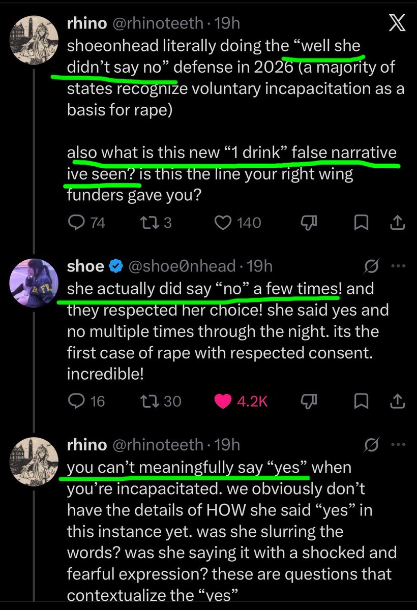 PubWanghaf's tweet photo. This is one of the most absurd exchanges I’ve seen, but also perfectly encapsulates arguing online

- @shoe0nhead makes a claim that the gov of NY is saying “any level of intoxication negates any consent given during sex”
- Idiot pops in saying “nobody is saying that any level of intoxication negates consent”
- Shoe says “she did give consent”
- Idiot says “her consent could have been negated by any level of intoxication”