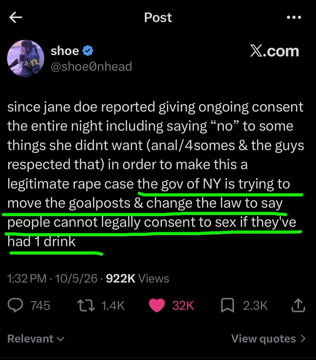 PubWanghaf's tweet photo. This is one of the most absurd exchanges I’ve seen, but also perfectly encapsulates arguing online

- @shoe0nhead makes a claim that the gov of NY is saying “any level of intoxication negates any consent given during sex”
- Idiot pops in saying “nobody is saying that any level of intoxication negates consent”
- Shoe says “she did give consent”
- Idiot says “her consent could have been negated by any level of intoxication”