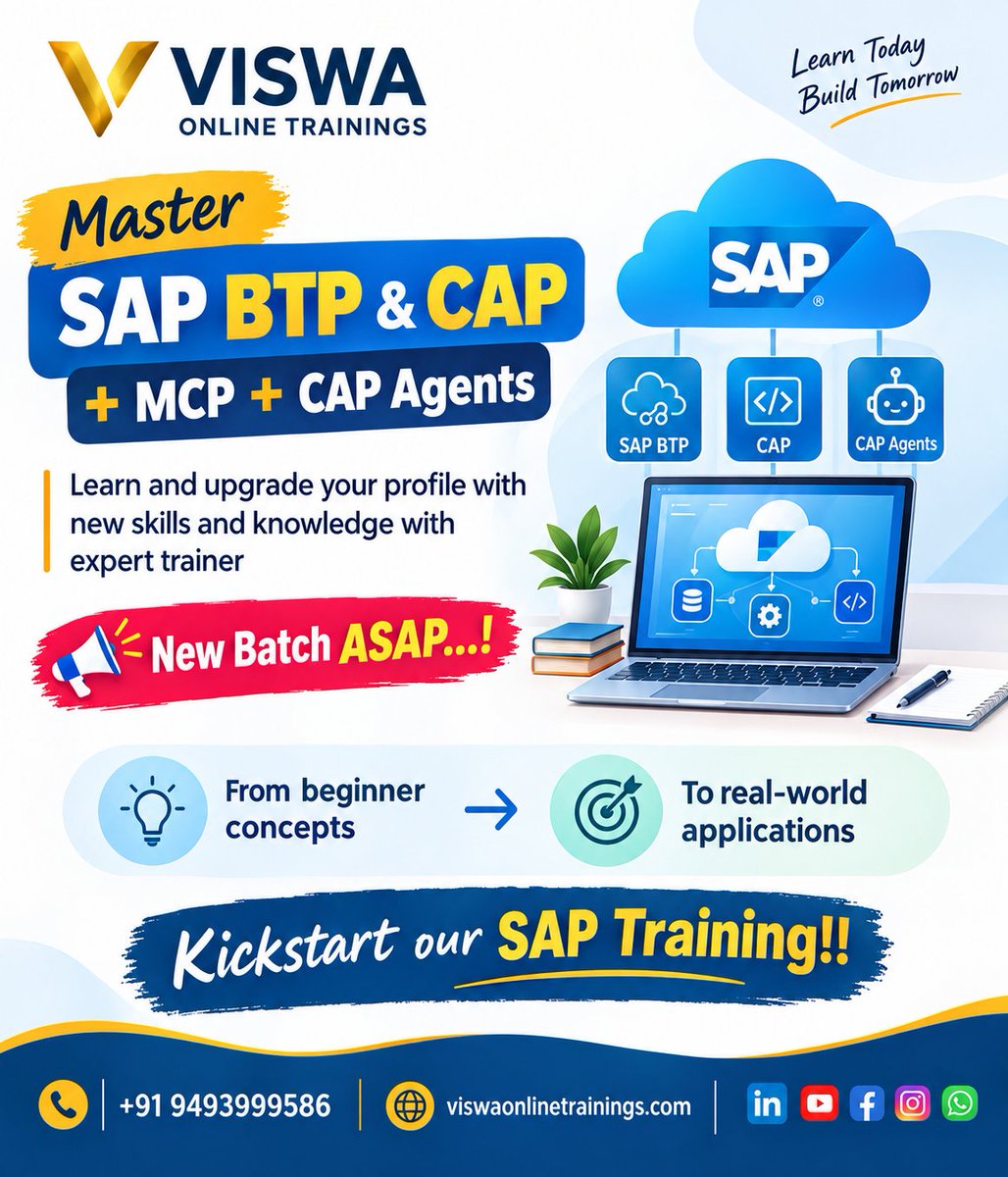 ViswaTrainings's tweet photo. π Master the Next Generation of SAP Technologies!
Take your SAP career to the next level with SAP BTP & CAP + MCP + CAP Agents β designed for professionals and learners looking to build modern, real-world skills.
#SAP #SAPBTP #SAPCAP #CAPAgents #MCP #SAPTraining #SAPCareer https://t.co/I2LhNqEna4