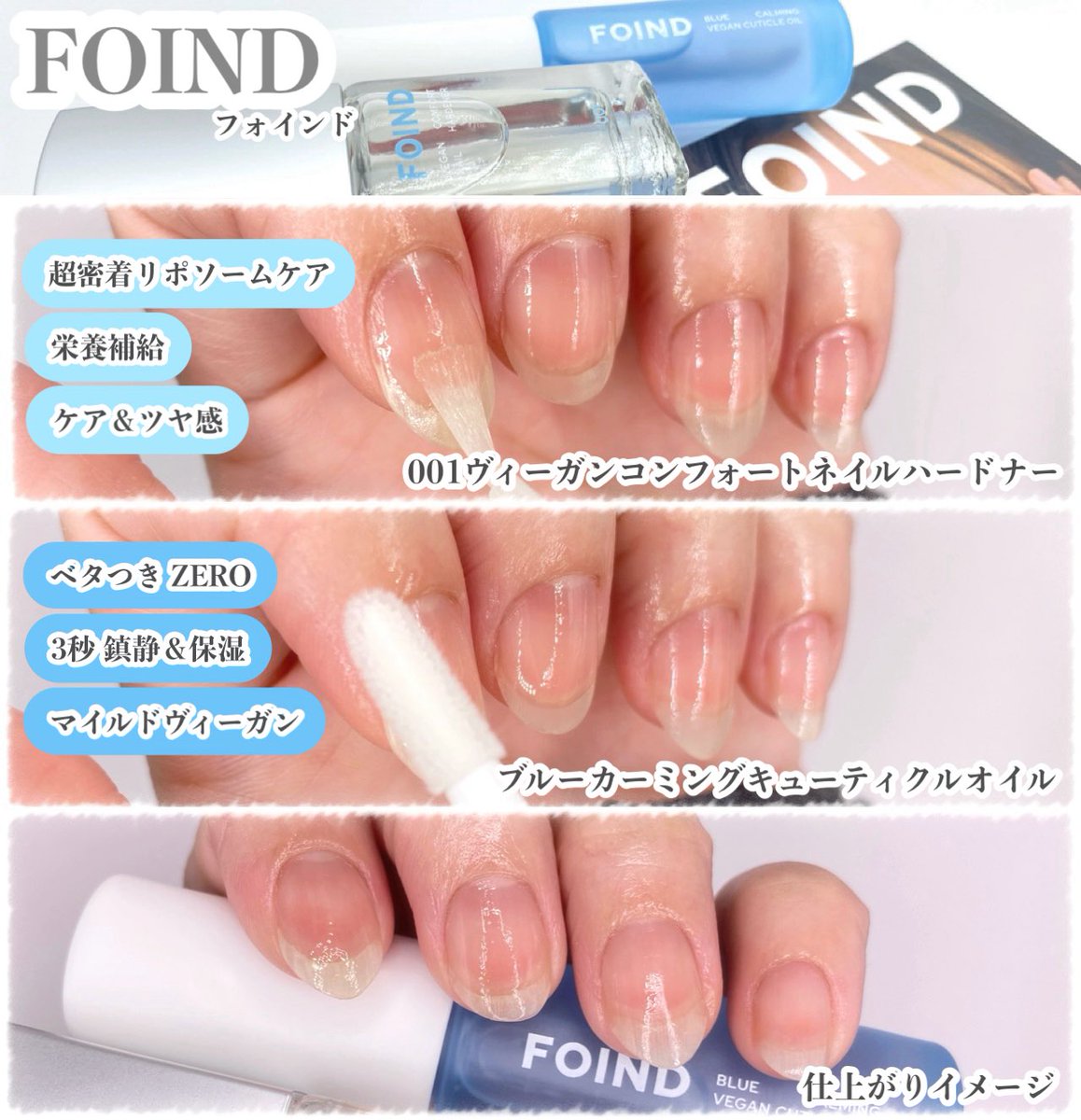 Megu_megU_8901's tweet photo. #PR
FOIND (フォインド)￤@FOIND_JP 様🩵
‧
💅ヴィーガンコンフォートネイルハードナー
💎ブルーカーミングキューティクルオイル
‧
指先で見つけた、わたしらしさ👗
ジェルネイルのお休み期間も心を満たす
ありのままの爪の魅力と心地よさ🪽
________________________________ ✍🏻

◾︎ 001 ヴィーガンコンフォートネイルハードナー

📌ひとつで栄養補給+ケア＋ツヤ感。

✔︎︎︎︎ 0.01mm厚塗り感無し
✔︎︎︎︎ 落とす必要なくそのまま重ね塗り可能
✔︎︎︎︎ 爽やかなエッセンシャルオイルの香り

📋
なめらかなテクスチャー🫧
油分が残ってない綺麗な爪の表面に軽く塗布し、
乾燥させ使用するよ👆´-
わたしは速乾性を感じ、
1-2分すると乾いていたよ🌿

厚塗り感を感じないのに、
ひと塗りでツヤ感をとても感じ
ネイルをしているような使用感💎

目安として、2-3日おきに重ね塗りをし
約2週間後にリムーバーで落とし再塗布✨

わたしはジェルネイルで薄くなり
力のない弱くなった爪が二週間程度で
硬くチカラを感じるようになったよ💅
爪先が薄く弱く、割れてしまったりと
悩みだったのだけど💬
わたしは割れることなく快適に過ごせ
とくに、ジェルネイルの
お休み期間のケアにおすすめ🥰❣️

┈┈┈┈┈┈┈┈┈┈┈┈┈┈┈┈┈┈⿻

◾︎ ブルーカーミングキューティクルオイル

📌ブルーカモミールの鎮静エネルギーを詰め込んだ3秒キューティクルオイル。

📋
しっとりとしたオイルテクスチャー💭⸒⸒
肌なじみがよく、ベタつきを感じず
しっとりとした使用感🌿

爪・爪まわりの乾燥が気になる箇所へ
やさしくなじませてあげると
乾燥によりごわつきの感じていた
爪・爪まわりの角質を
しっとりとなめらかに整えることができたよ🤲

しっとりとツヤ感うるおいを長く感じられ
うるおいを感じることで
指先がとってもキレイで美しく感じ
つい、眺めていたくなるような仕上がりに💎

ジェルネイルのお休み期間も、
ありのままの爪の魅力と心地よさを感じ
健康な爪の土台づくりに😌🪄︎︎

ぜひチェックしてみてねꕀ⋆🔎🩷⸝⸝⸝

*上記の内容は原料の特性に限る。