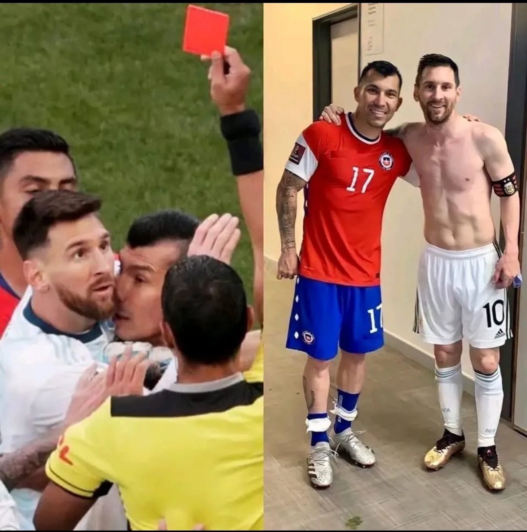 PAWA7p's tweet photo. 🚨🗣️ Gary Medel on Messi:

“I received the first red card Messi ever got for Argentina. When I returned home, even my wife and children stopped talking to me for days. 😭💔

That’s when I realized how badly I had messed up. The next time I saw Messi, I nervously asked for his shirt… and he accepted without hesitation. 🥹🐐❤️

That’s Messi for you. Class beyond football. 🤝👕