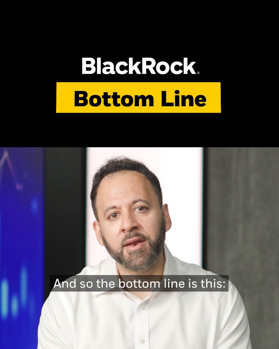 The image shows a BlackRock "Bottom Line" video featuring a bearded man in a white shirt speaking, with the subtitle "And so the bottom line is this:" displayed at the bottom. The image visually corresponds to the accompanying post, introducing Ibrahim Kanan's insights on building a stronger U.S. equity core through deliberate research beyond prominent market names.