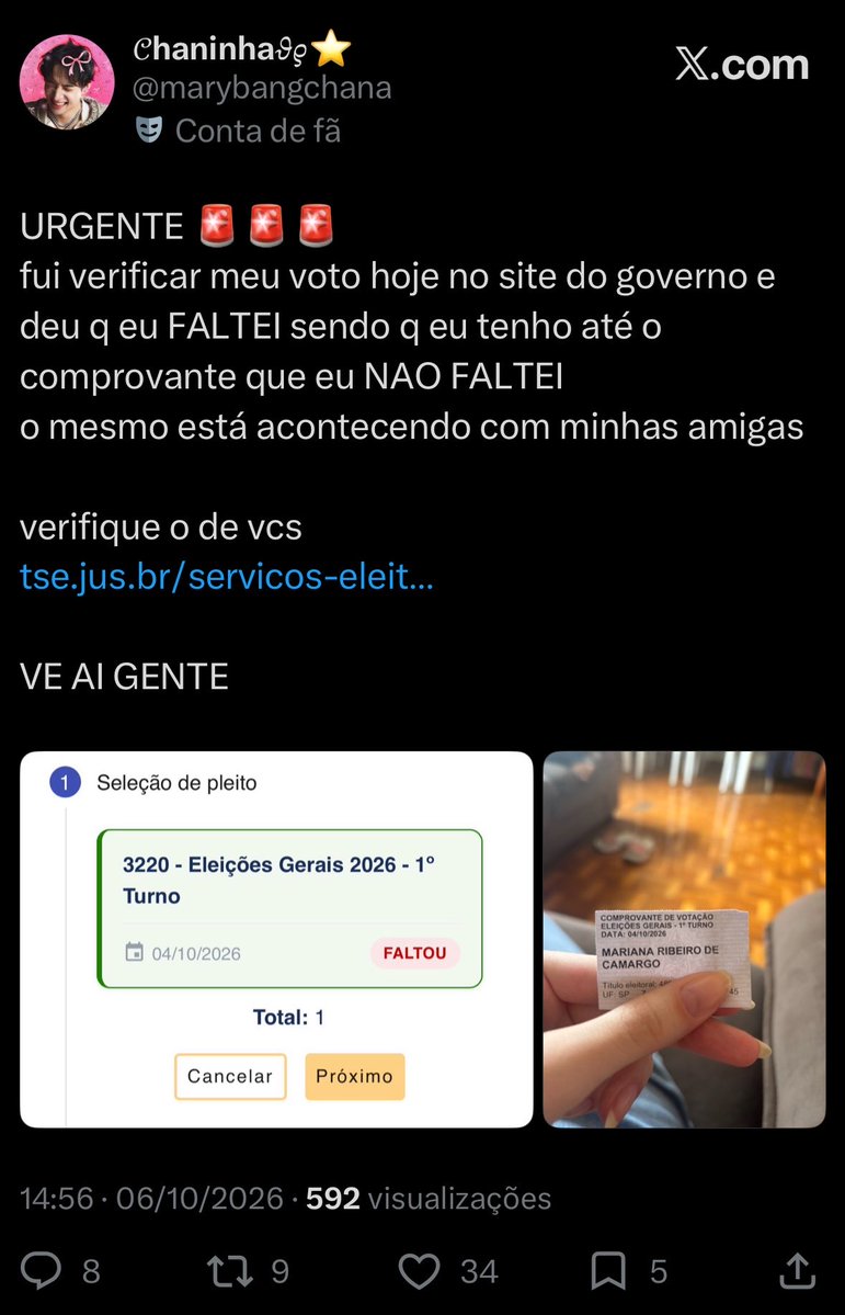 marybangchana's tweet photo. 🚨🚨
optei por apagar pensando q pode ser uma atualização pendente e acabar gerando pânico desnecessário 
mas estou entrando na justiça eleitoral para verificar certinho, já q no meu e-titulo está tudo certinho
ai trago um post com melhores informações https://t.co/yFIVhxooMa