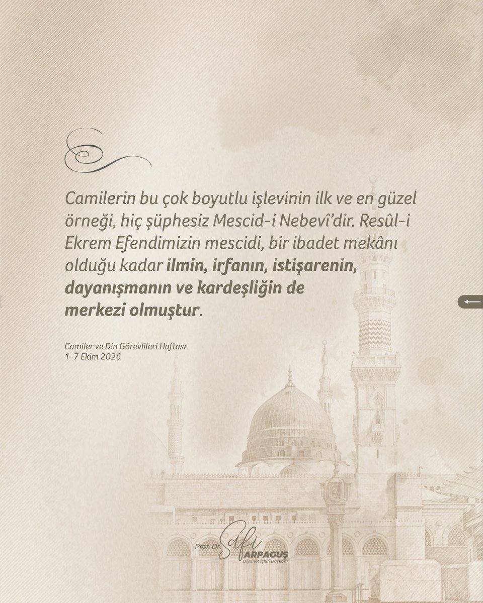 DIBSafiArpagus's tweet photo. Minareden güzel sedalarıyla Ezan-ı Muhammedî’yi nida eden, minber ve kürsülerden dinimizi anlatan, mihrapta müminlere imamet eden, Kur’an kurslarında yediden yetmişe insanımızı Kur’an’ın hakikatleri ile buluşturan bütün kardeşlerimi tebrik ediyorum.

Bizim medeniyetimizde cami, insanın Rabbiyle irtibatını sağlayan ve hayatın akışına yön veren bir istikamet pusulasıdır. Müslümanların ruhunu ilim, irfan ve hikmetle besleyen, onlara İslam’ın ufkuyla hayata bakmayı öğreten ibadet ve hidayet membaıdır.

Bununla birlikte camiler, ilahi çağrı doğrultusunda bizi bir araya getiren, insanı insanla buluşturan, birlik, beraberlik, dostluk ve kardeşlik duygularını pekiştiren, gönülleri kaynaştıran ülfet ve muhabbet mekânlarıdır.

Camilerin bu çok boyutlu işlevinin ilk ve en güzel örneği, hiç şüphesiz Mescid-i Nebevî’dir. Resûl-i Ekrem Efendimizin mescidi, bir ibadet mekânı olduğu kadar ilmin, irfanın, istişarenin, dayanışmanın ve kardeşliğin de merkezi olmuştur.  

(2026 / Camiler ve Din Görevlileri Haftası)

#Cami