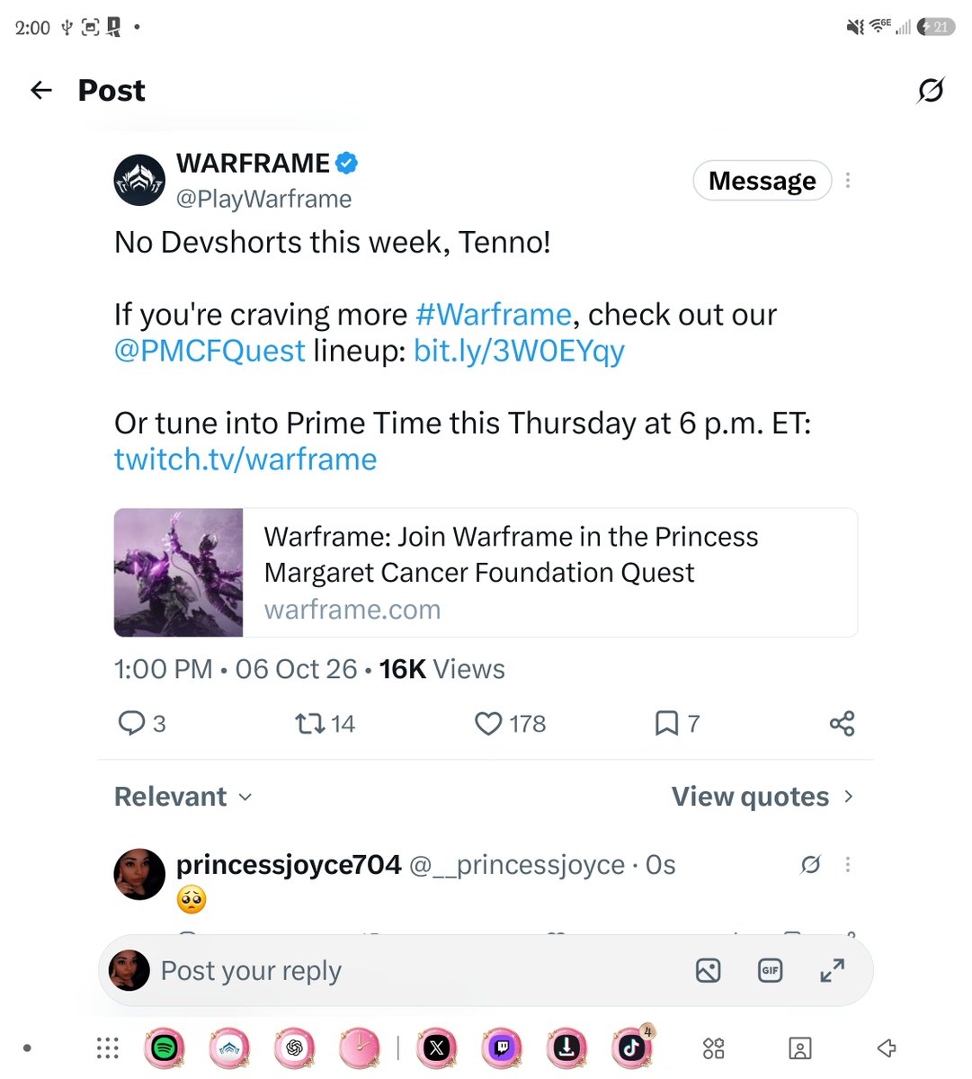 __princessjoyce's tweet photo. No Dev Short this week! be sure to tune in on Prime Time on Thursday #Warframe #warframecommunity #tennocreate #fyp #devshort https://t.co/pg7SjOi4cd