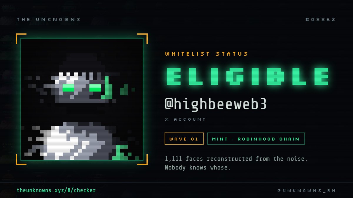 highbeeweb3's tweet photo. > signal received
> face resolved
> status: ELIGIBLE

1 of 1,111 pulled out of the noise. @Unknowns_RH

you might be in here somewhere:
https://t.co/UjSK5ivzLh https://t.co/r7dfCjojuV