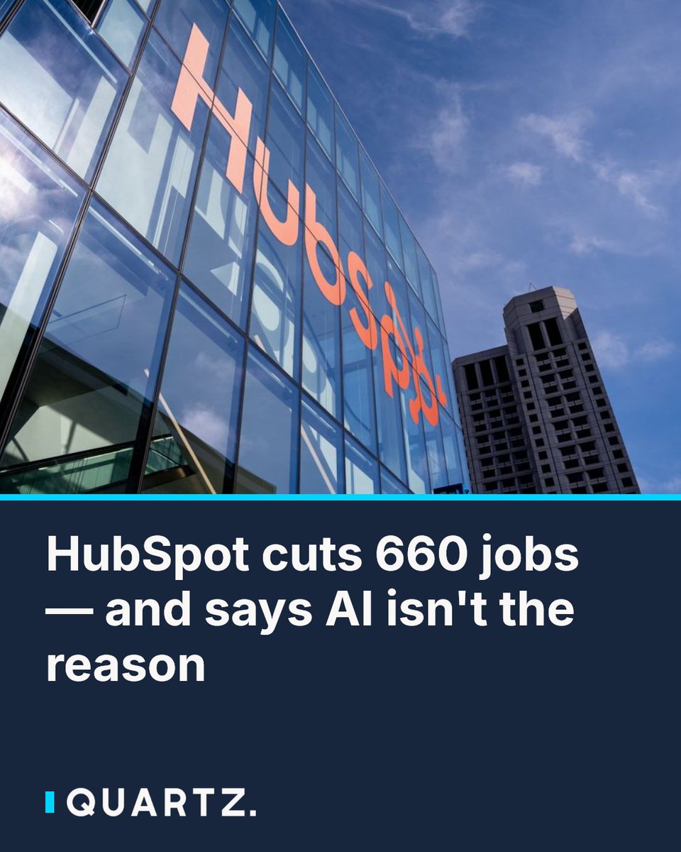 qz's tweet photo. HubSpot cuts 660 jobs — and says AI isn't the reason
HubSpot is eliminating 7% of its workforce as it restructures around AI-driven customer outcomes, but CEO Yamini Rangan insists it's about flattening the org chart, not cutting costs or
#HubSpot #AILayoffs #TechRestructuring https://t.co/z3V6Q6epH4