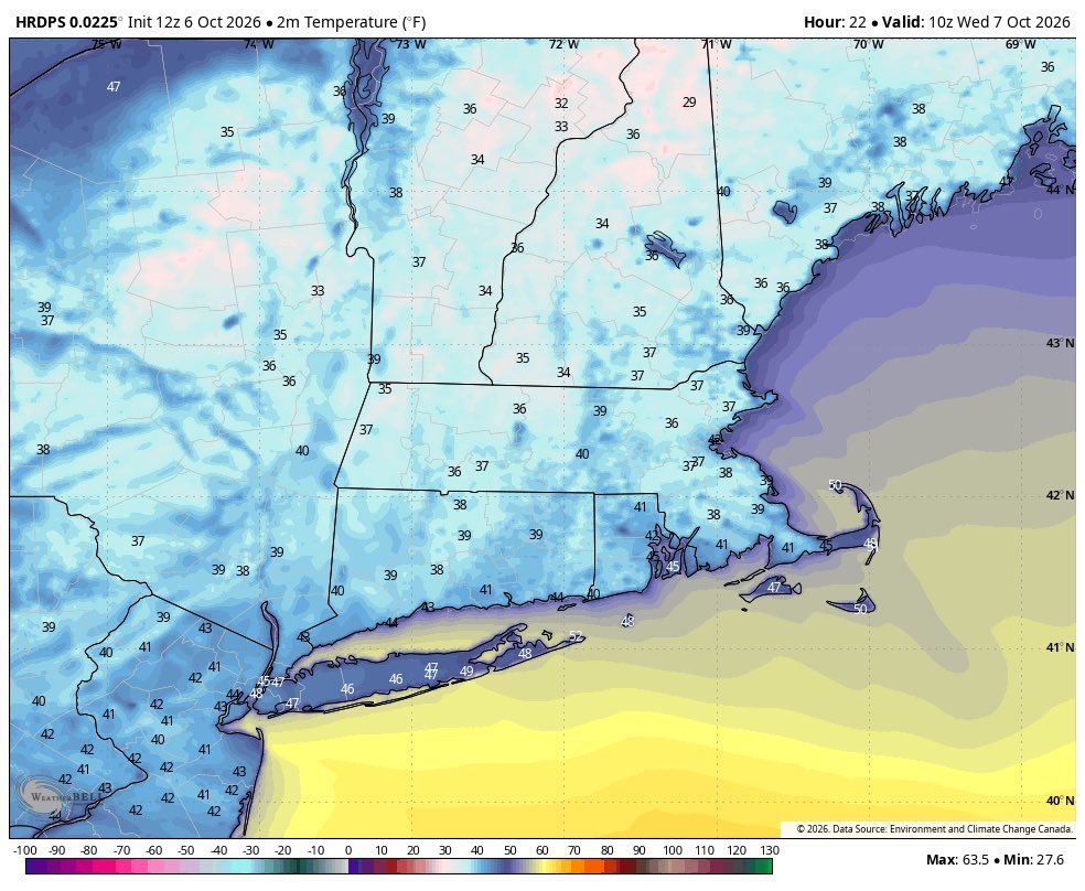 BostonWxConsult's tweet photo. Widespread 30s tonight across the region… frost/freeze likely in many areas away from the coast 🥶 https://t.co/qndAp89Di0