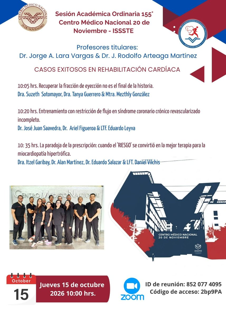 cuidaelcorazon's tweet photo. ¡Te invitamos a la SAO 155! 

En esta edición conversaremos sobre casos exitosos en rehabilitación cardíaca, junto con especialistas invitados.

📅 Jueves 15 de octubre de 2026
🕙 10:00 h
💻 Modo virtual por Zoom
🔗 ID de reunión: 852 077 4095
         Código de acceso: 2bp9PA https://t.co/TpQSUxfvI8