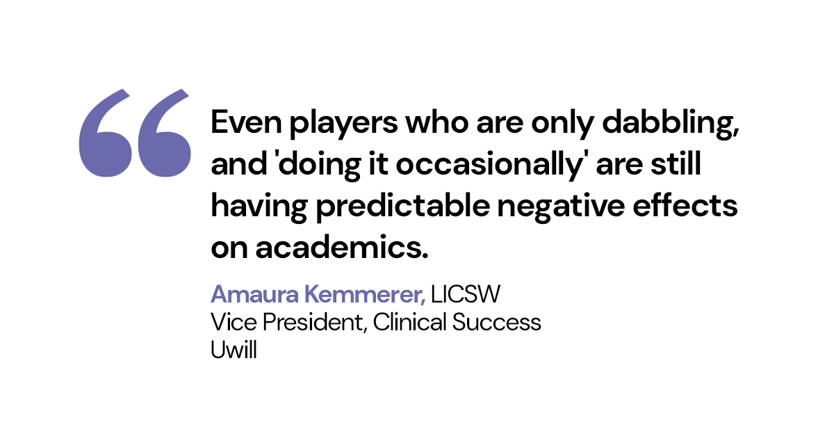 uwilltech's tweet photo. Amaura Kemmerer, Vice President, Clinical Success at Uwill, is featured in @CNBC on the growing mental health impact of sports betting on Gen Z college students and what campuses can do about it. https://t.co/h28z2ra9NM https://t.co/fstZvZoc57
