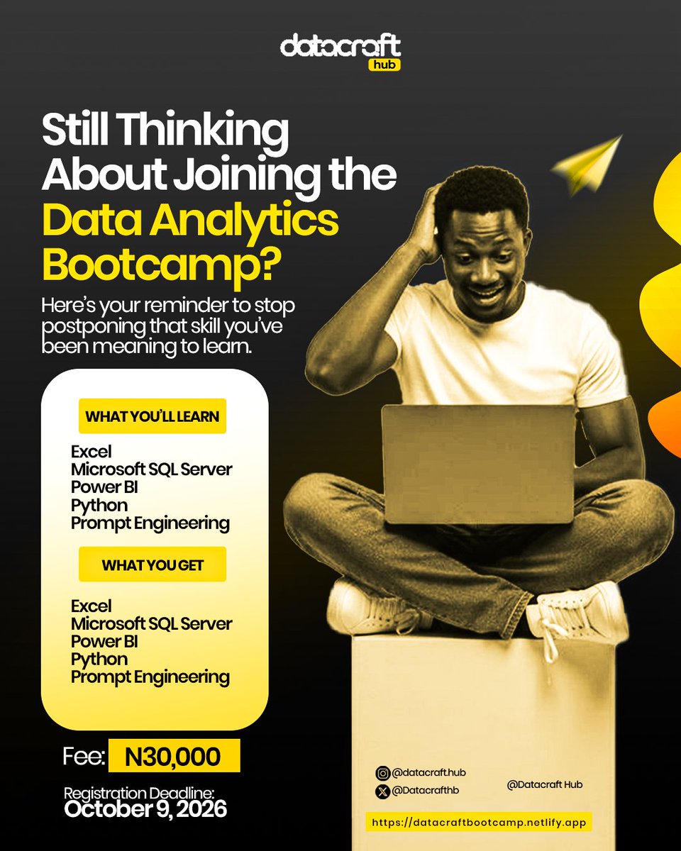 Datacrafthb's tweet photo. 🚨 Registration is almost closed!

Ready to build a career in data? 📊💻

Learn Excel, SQL, Power BI, Python &amp; Prompt Engineering with hands-on projects, mentorship and more.

📅 Registration ends October 9th.

Don’t miss it. 🔗 https://t.co/45Tot0kfcV

#DataCraftHub https://t.co/vrCFNYkA4g