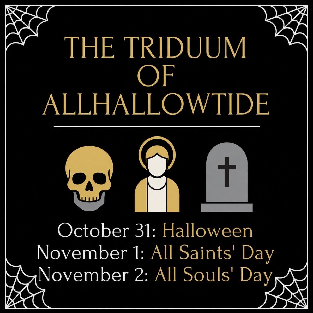 thattradgal's tweet photo. Halloween is Catholic.

It’s All Hallows’ Eve, the evening before we celebrate All Saints’ Day and remember the faithful departed.

In England, Christians would go door to door asking for treats. They offered to pray for the departed souls of the families who welcomed them. Over time, this tradition developed into what we now know as trick-or-treating.

Catholics don’t need to run from Halloween.

Dress your children up.
Go trick-or-treating.
Have a bonfire.
Eat candy.
Celebrate.

And then remember what the night is pointing toward:

The saints.
The holy souls.
And ultimately, Christ.

Halloween doesn’t belong to the devil.

It belongs to Jesus and His Church.