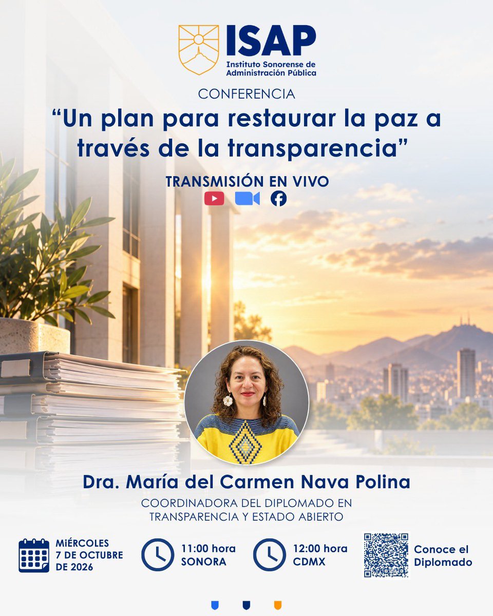 MaricarmenNava's tweet photo. Daré conferencia virtual:

"Un plan para restaurar la paz a través de la transparencia"
📅 Miércoles 7 de octubre de 2026
🕚 12:00 horas CDMX
📺 Transmisión en vivo por YouTube y Facebook @isapeducacion 

🔗 Zoom:
https://t.co/SFg5QPjjIp

#derechoshumanos #paz #derechoasaber https://t.co/wFqzRWbqfS