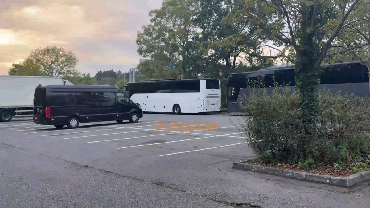 benonwine's tweet photo. Coaches are waiting at the Days Inn on Rownhams services right now to pick immigrants up.

M27, between junctions 3 and 4. Multiple coaches in the car park. Hotel on a motorway service station. Destination unknown.

Sunday, 149 were brought ashore at Gosport and coached to Kent. Protests. Twelve arrests. Today, more coaches, same county, and still no one will say where they are being taken.