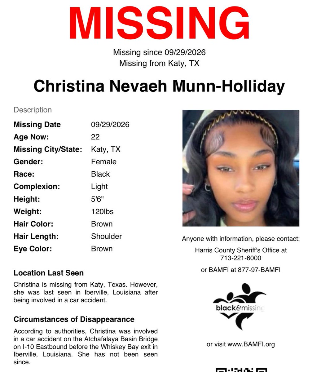 BAM_FI's tweet photo. #Katy, #TX: 22y/o Christina is missing from Katy, however, she was last seen in Iberville, LA, in a purple one piece bodysuit with a blue jean jacket. According to authorities, she was involved in a car accident on the Atchafalaya Basin Bridge on I-10 Eastbound before the Whiskey https://t.co/wgxS0IJyVH