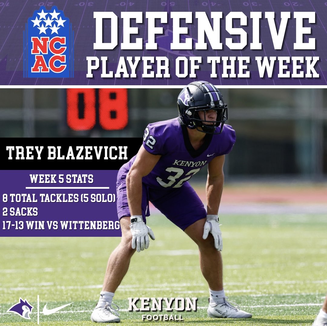 KenyonFootball's tweet photo. Congratulations to LB Trey Blazevich on being named @NCAC Defensive Player of the Week! 🦉

#TakeFLIGHT #GoOwls https://t.co/8RbtvqVEfE