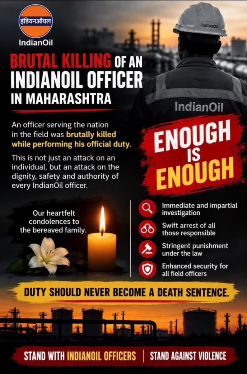 MissJaya4's tweet photo. This should never happen.
No officer should lose their life simply for performing their duty and serving the nation. An attack on an IndianOil officer is not just an attack on an individual,it is an attack on the safety, dignity and security of every person who works in the field https://t.co/bi6YC3dU1h
