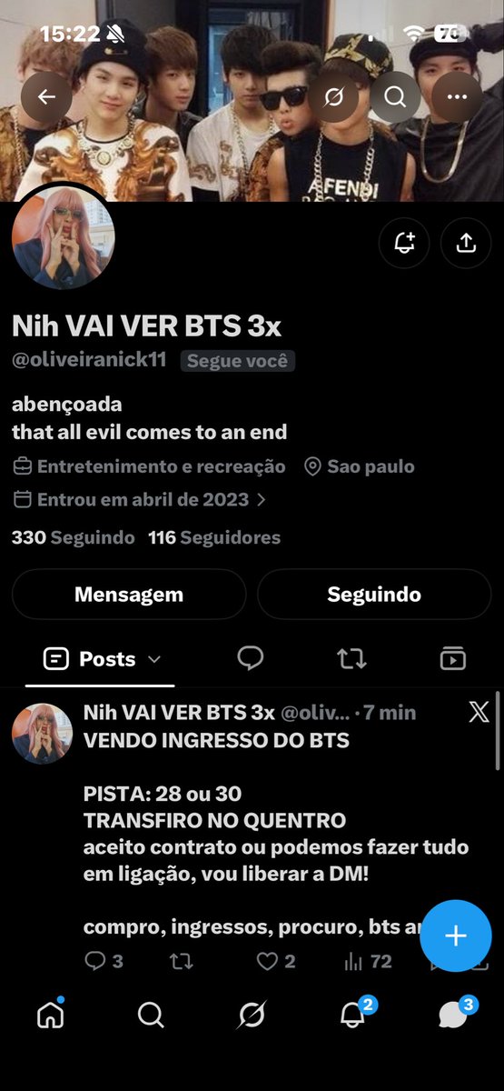 Type_msk's tweet photo. Golpista de ingressos do BTS.
Estou ajudando o pessoal q tomou golpe do acessoarmy a achar ingresso.
Ontem entrei em contato com essa moça, perguntei se ela aceitava mediação e expliquei q estava ajudando o pessoal q caiu no #golpeacessoarmy ela não sabia dessa história e hoje+ https://t.co/7Cz0n01LLA