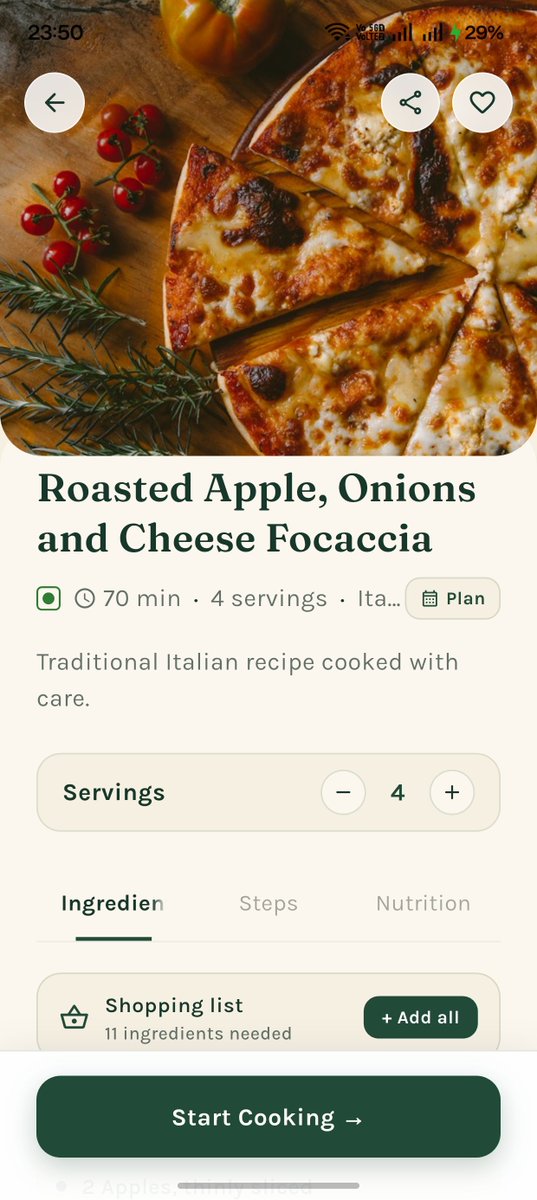 krishxbuilds's tweet photo. Day 3 of building Sprout 
From finding a recipe → checking ingredients → adding groceries → starting to cook.
Today I built out the recipe details + grocery list flow.
Slowly turning Sprout into a complete cooking companion.
#AndroidDev #buildinpublic #flutterdev https://t.co/0JSmnbe2Fg