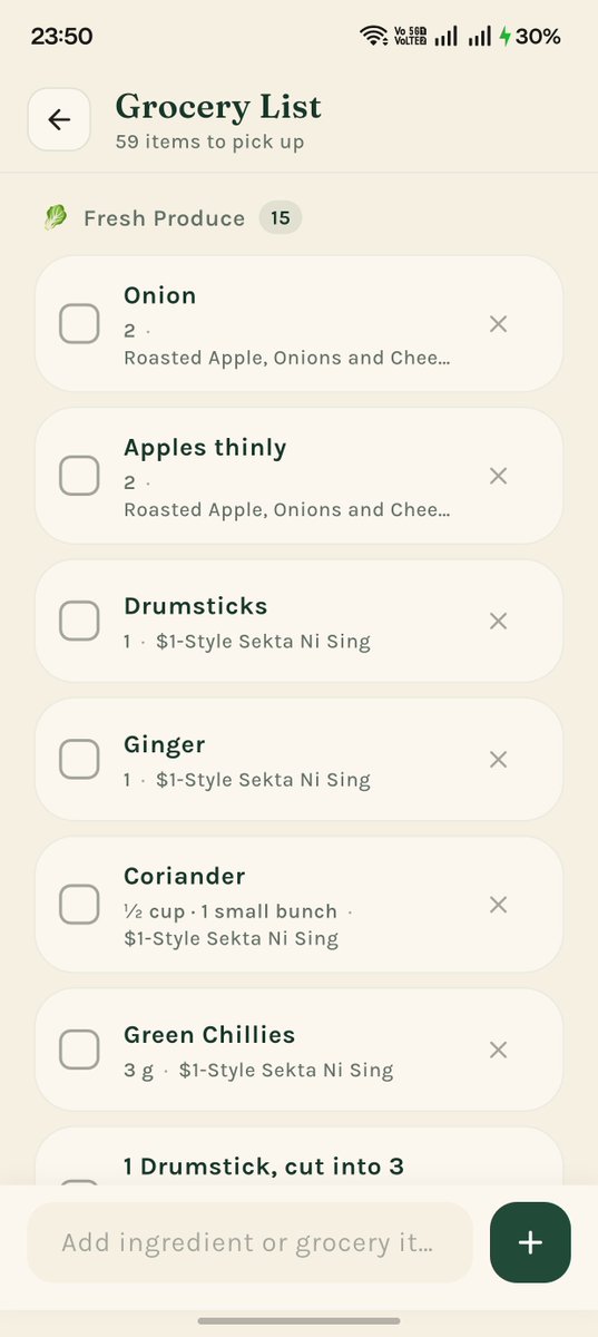 krishxbuilds's tweet photo. Day 3 of building Sprout 
From finding a recipe → checking ingredients → adding groceries → starting to cook.
Today I built out the recipe details + grocery list flow.
Slowly turning Sprout into a complete cooking companion.
#AndroidDev #buildinpublic #flutterdev https://t.co/0JSmnbe2Fg