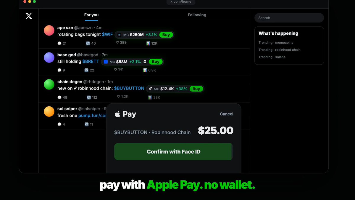 getbuybutton's tweet photo. update dropping soon:

buy without ever leaving X.

tap buy, pick $10, $25 or $50, face id. the checkout opens right next to the post and closes when you're in.

two taps from a tweet to a bag. https://t.co/18sZxx8OXp