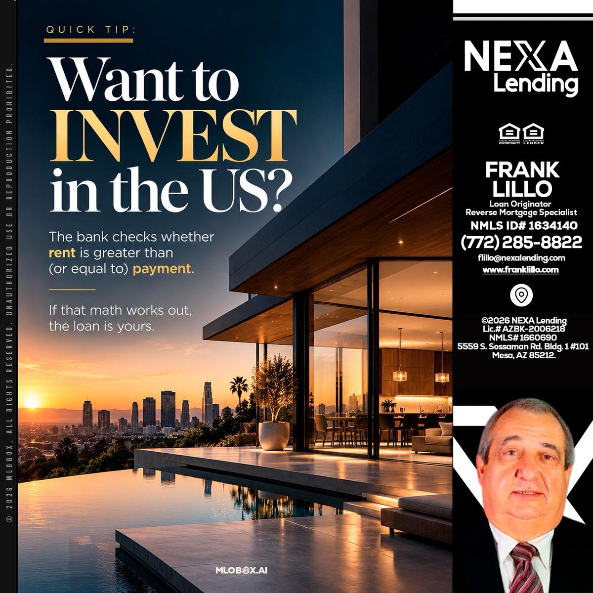 FrankLilloMTG's tweet photo. Ready to invest in US real estate? 🏡 If your rent covers the loan terms, you’re on the right track! Let’s make your investment dream a reality. DM me for details. #RealEstate #InvestSmart

 📧 flillo@nexalending.com

 📞 (772) 285-8822 https://t.co/1fz9vS19O5