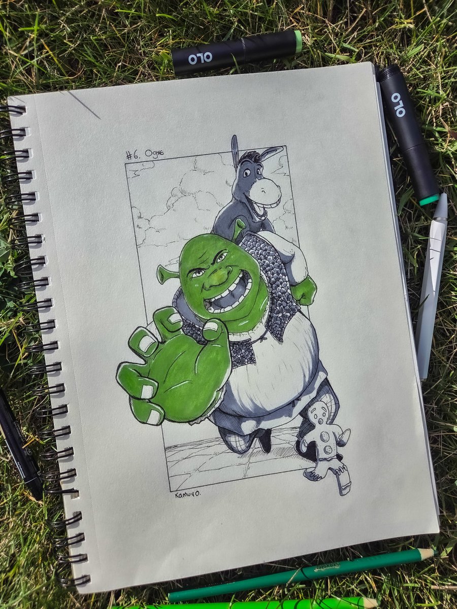 KamuroDraws's tweet photo. Day 6: OGRE 🧅
"Ogres are like onions!" 🧅✨
For day six of #Inktober2026, it had to be the king of the swamp himself: Shrek, along with Donkey and Gingy 🐴🍪.
#Inktober #Ogre #Shrek #ShrekFanart #DreamWorks #Donkey #Gingy #TraditionalArt #InkDrawing https://t.co/gVQV3yymul