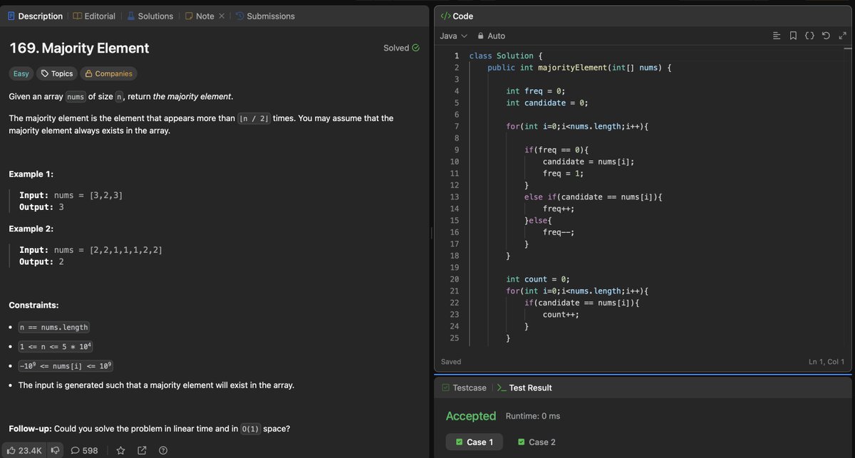 BinaryBatRKS's tweet photo. Day 19/100 🦇

majority element + rotated sorted array down. ✅

the boyer-moore voting algorithm feels like literal magic, but that rotated binary search logic almost took me out. 💀

still learning, still surviving leetcode.

#100DaysOfCode #CodingJourney https://t.co/phXzFGSgNT