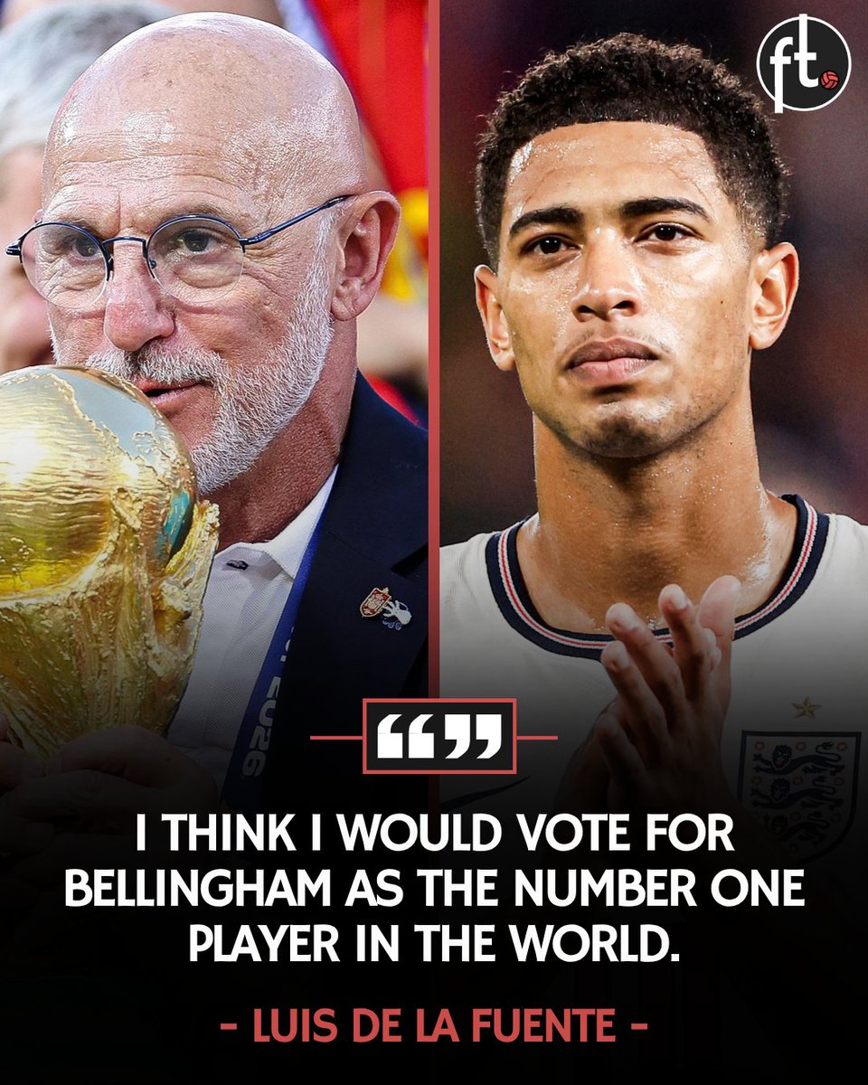 Footballtweet's tweet photo. 🚨🇪🇸 High praise for Jude Bellingham from Spain boss Luis de la Fuente:

🗣️ “I really like Bellingham’s style. I think I would vote for him as the number one player in the world.”

Coming from the manager who has just guided Spain to back-to-back EURO and World Cup triumphs, that is some compliment. 🤯🏆