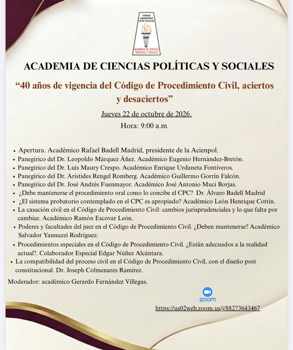 acienpol's tweet photo. Evento: 40 años de vigencia del Código de Procedimiento Civil, aciertos y desaciertos . Jueves 22 de octubre de 2026. Hora: 9 a.m
https://t.co/SrocwUvatr
ID de reunión: 882 7364 3467 https://t.co/RNOBnajDMJ