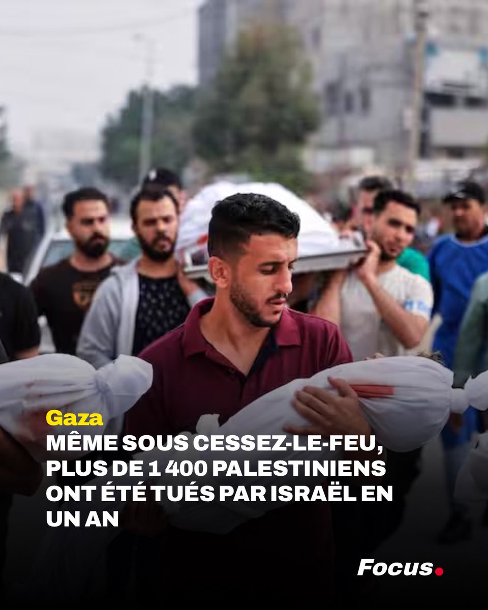 FocusMedia_Fr's tweet photo. 🔴 ALERTE INFO — GAZA : MÊME SOUS CESSEZ-LE-FEU, PLUS DE 1 400 PALESTINIENS ONT ÉTÉ TUÉS PAR ISRAËL EN UN AN

Un an après l’entrée en vigueur du cessez-le-feu, plus de 1 400 Palestiniens ont été tués par des tirs ou frappes israéliennes, selon Reuters.

Israël contrôle toujours environ deux tiers de Gaza, tandis que 1,2 million de Gazaouis font face à une insécurité alimentaire aiguë.