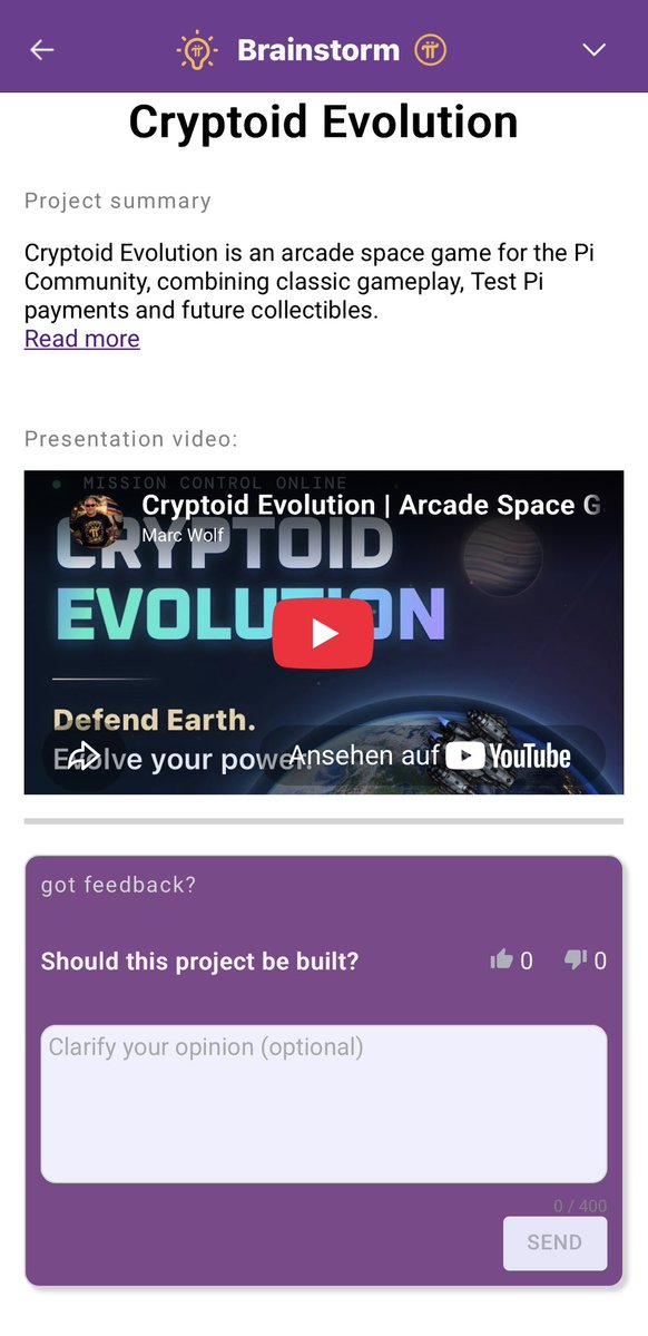 19Trojan69_Pi's tweet photo. Cryptoid Evolution is now officially published in Brainstorm inside the Pi Browser.

This is another important step for my independent arcade space game, developed for the Pi Community and inspired by the classic arcade games many of us grew up with.

The project is still in active development and testing. The Test Pi shop is already integrated, many future systems are being prepared, and I am continuing to work hard on performance, gameplay, security and compatibility across smartphones, tablets and desktop computers.

I am also preparing collectible spacecraft cards, each with its own individual story, with the long-term goal of making them downloadable and possibly exploring further blockchain-based features in the future.

If you would like to support the project, I would really appreciate a thumbs up for Cryptoid Evolution in Brainstorm.

Every vote, every test, every bug report and every idea helps me improve the game and move it one step further toward my long-term goal of contributing something useful and enjoyable to the Pi ecosystem.

Developed by a Pioneer for Pioneers.
Built for the Pi Community.

Pi Browser:
https://t.co/U2yMIwzucl

Please copy the link and paste it directly into the Pi Browser address bar, as the app is not yet publicly listed there.

#CryptoidEvolution #PiNetwork #PiBrowser #PiGaming #PiNetworkGame