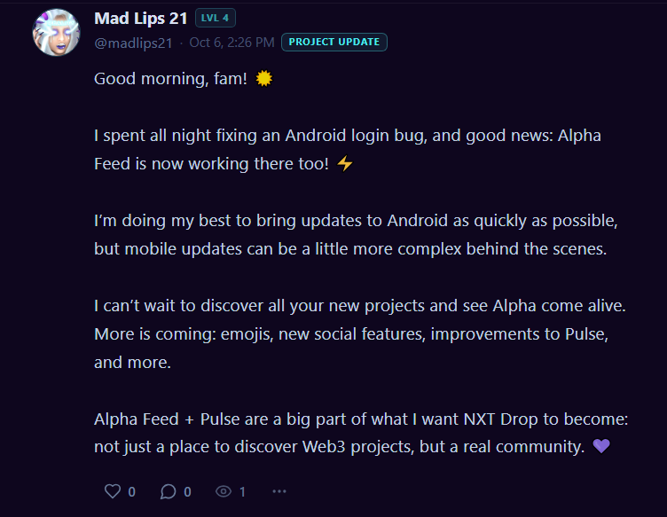 NFTnxtdrop's tweet photo. You can now post on NXT Drop. ⚡
Share your thoughts, projects, updates, links, images & more directly on the Alpha Feed.
NXT is becoming more than a discovery platform.
It’s becoming a Web3 community. 💜
Drop the future.
#buildinpublic #web3app #socialmedia #newapp #nxtdrop https://t.co/PWVm4gJll5