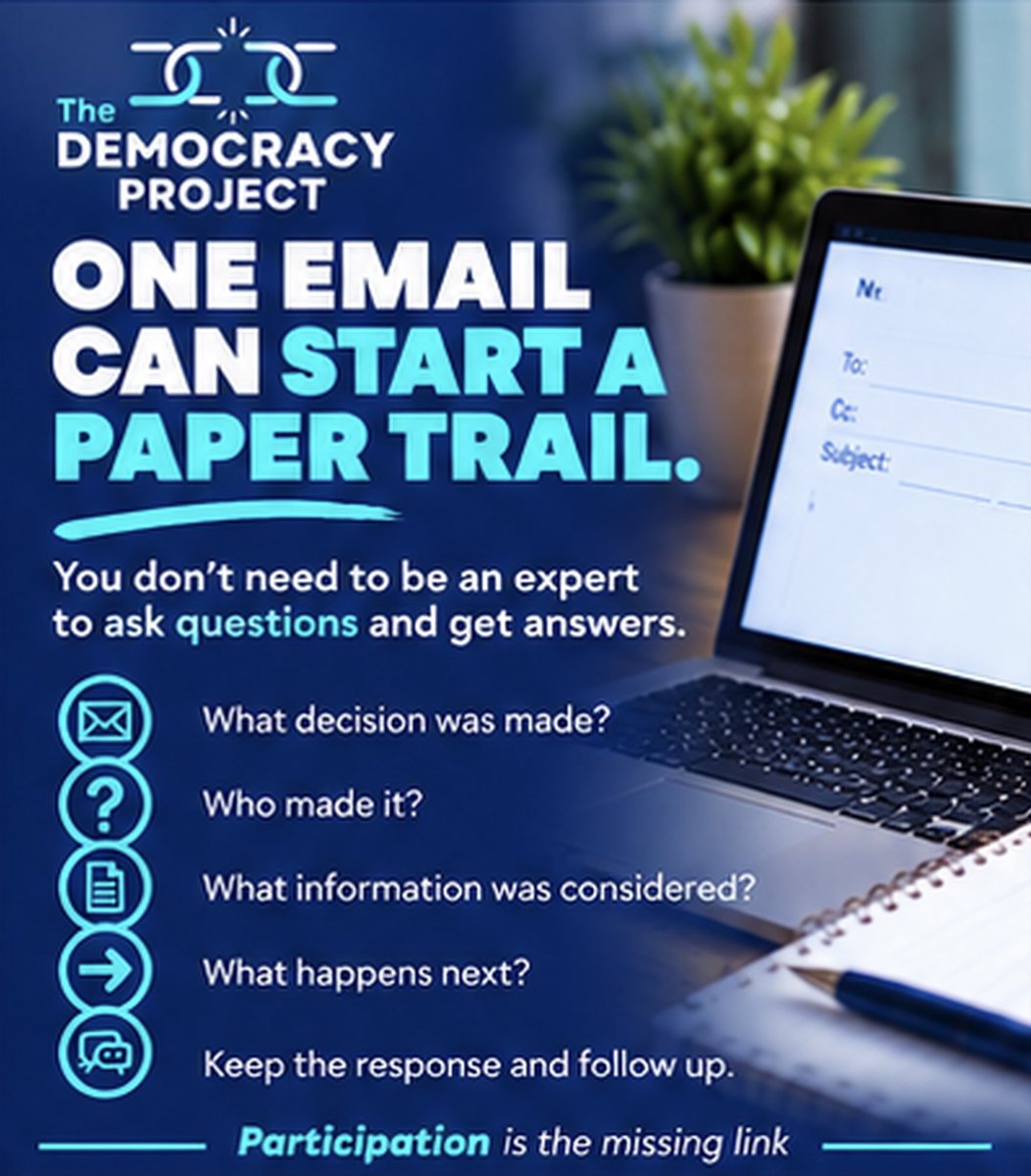 DemocracyProj_'s tweet photo. 📧 One email can start a paper trail
What was decided?
Who decided?
What evidence was used?
What happens next?
Put the questions in writing.
Keep the response.
Accountability can start very simply.
#TheDemocracyProject https://t.co/rWJlwd0Qxs