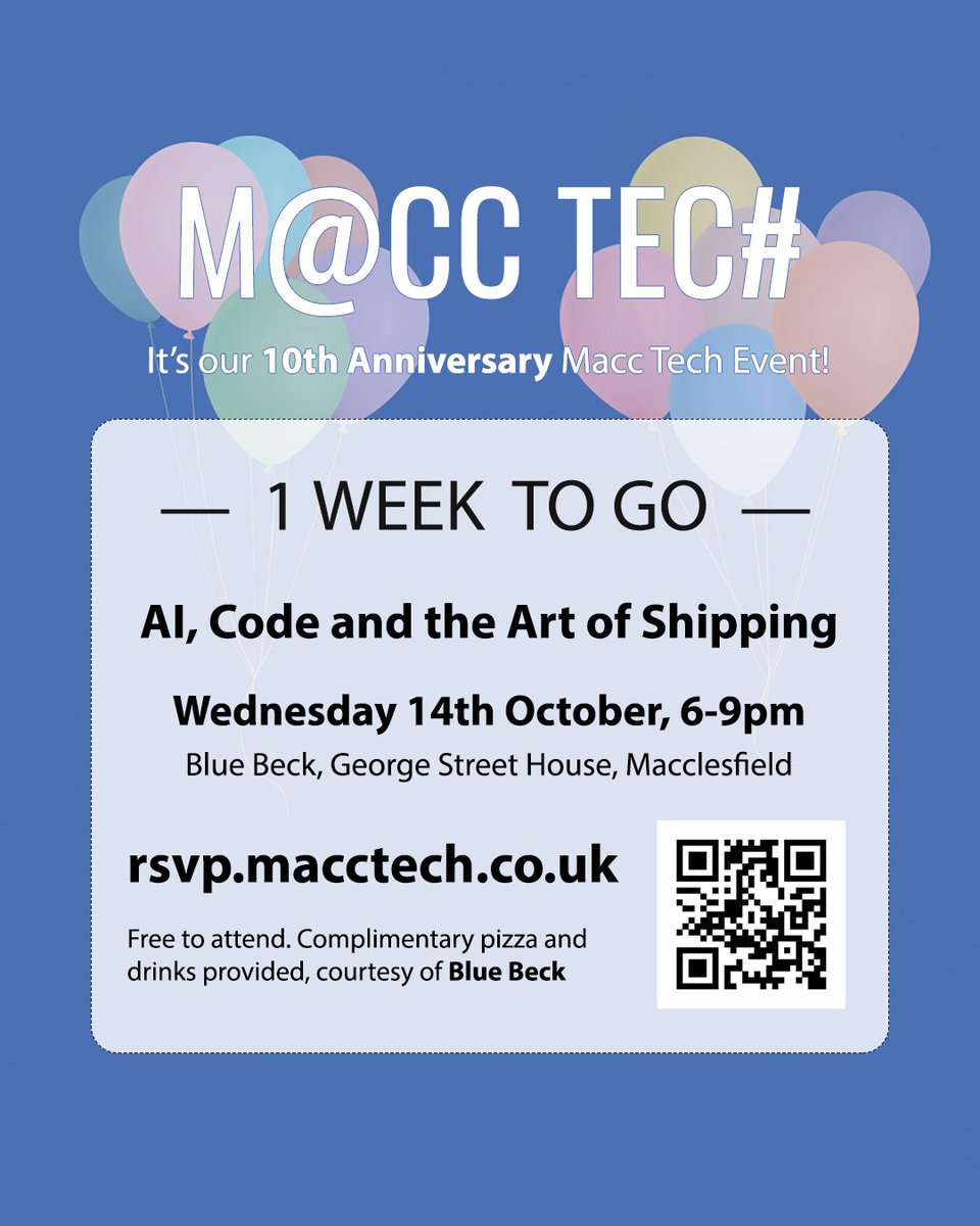 MaccTech's tweet photo. Macc Tech is a week away: Wednesday 14th October, 6-9pm at Blue Beck, Macclesfield

We have two great talks from Kirsten Osborn and Rachel Breeze, plus pizza and drinks 🍕

Free event: Sign up at https://t.co/w2PbMBCjVc

#Macclesfield #WomenInTech #AI https://t.co/UczMLhWYOu