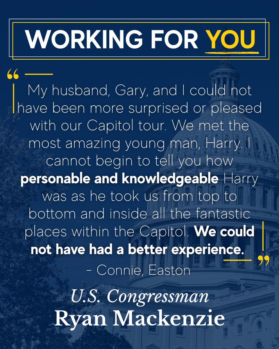 RepMackenzie's tweet photo. A great Capitol tour can make a visit to Washington even more memorable.

Connie and Gary from Easton recently stopped by our D.C. office before their tour and were welcomed by Harry, one of our interns, who helped make their visit a great experience from start to finish.

If you’re planning a trip to Washington, our office can help arrange tours of the U.S. Capitol. Learn more here: https://t.co/wvBht0GV2C