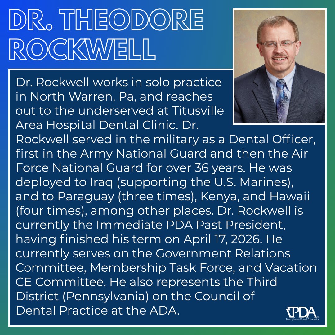 padentalassn's tweet photo. @AmerDentalAssn Meet Your Delegation!

Today we introduce Drs. Joseph Graver, Angela Stout, David Schimmel and Theodore Rockwell.

#PDAproud #ADAScientificSession2026 https://t.co/Kwlhl2pAKI