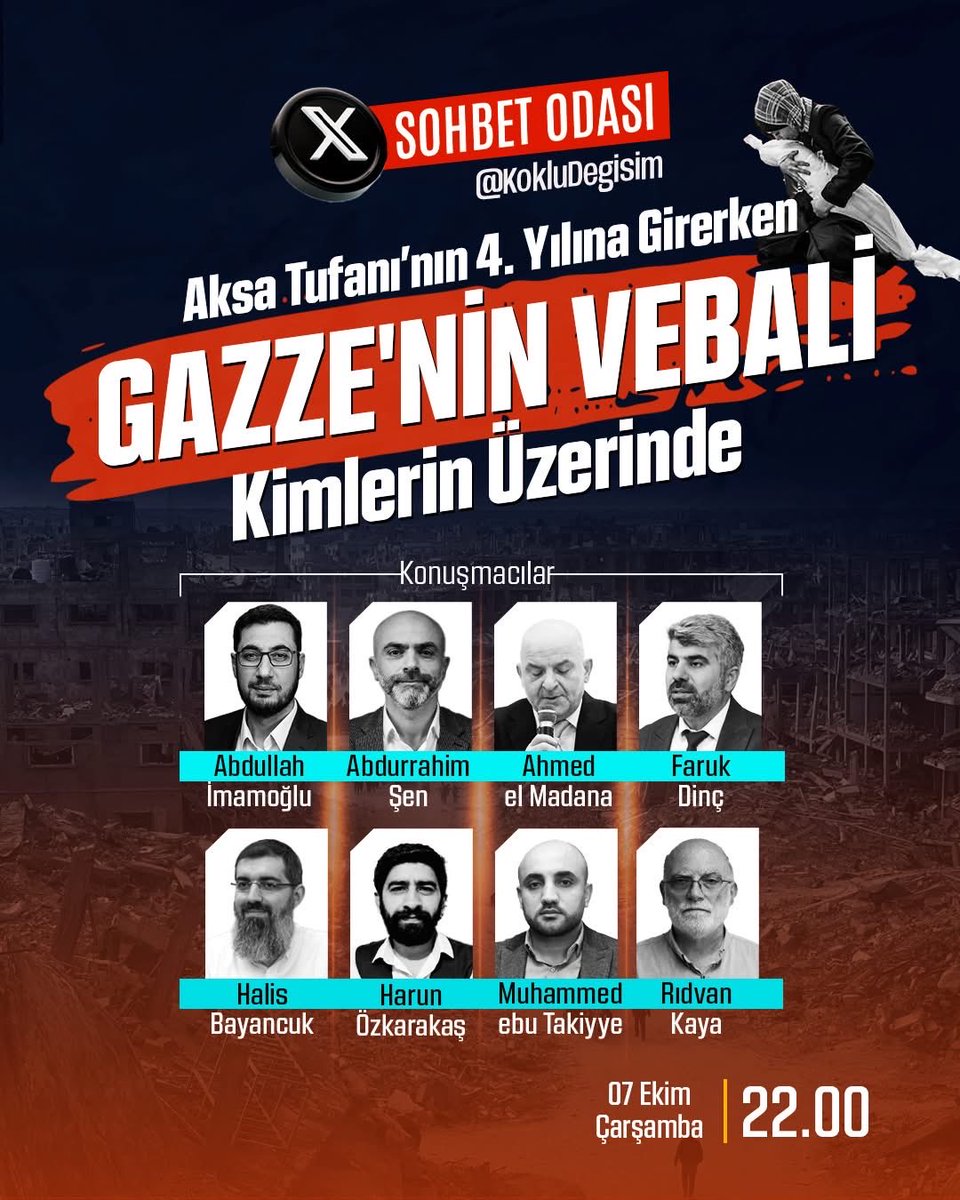 YusufSALUR4's tweet photo. Soykırımın 3. Senedinde Gazze’yi konuşuyoruz.

Katliyamı, zulmü , ihaneti …

Kör, sağır ve dilsiz kesilenlerin aksine 
Basiretle görenlerin, hakka kulak verenlerin, hakkı haykıranların konuk olacağı X odamıza sizleri de bekliyoruz. https://t.co/BO0sHafL07