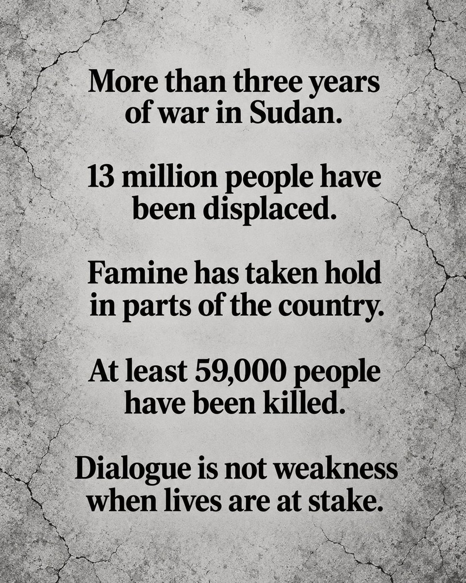 BerniceKing's tweet photo. Sudan has endured more than three years of war, and millions of people are carrying consequences they did not choose.

Behind every number is a life. A child uprooted. A family grieving. A community trying to survive hunger, displacement, and violence.

There is nothing weak about choosing dialogue when the alternative is more death. Leaders and the international community must pursue an end to the fighting, protect civilians, ensure humanitarian aid reaches those in need, and make room for a just and lasting peace.

We cannot become numb to suffering because it is far from us or because a war has lasted too long. Sudanese lives matter. Human dignity demands our attention.

#Sudan #Peace #HumanDignity #Nonviolence365 #BelovedCommunity