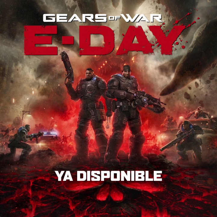 A promotional poster for the video game 'Gears of War: E-Day' showing two armored soldiers with weapons amid fiery destruction, with Spanish text 'YA DISPONIBLE' meaning 'Now Available.'