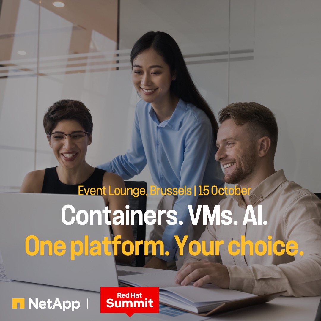 NetAppEMEA's tweet photo. Your legacy infrastructure was not built for AI. Rip-and-replace is not the answer either.

#NetApp and #RedHat are at #RHSummitBrussels on 15 October. Three ingredients. One platform. No lock-in.

Register now and find us in Brussels: https://t.co/LYRjtAEdBa

#RHSummitConnect https://t.co/DQMocZToOD