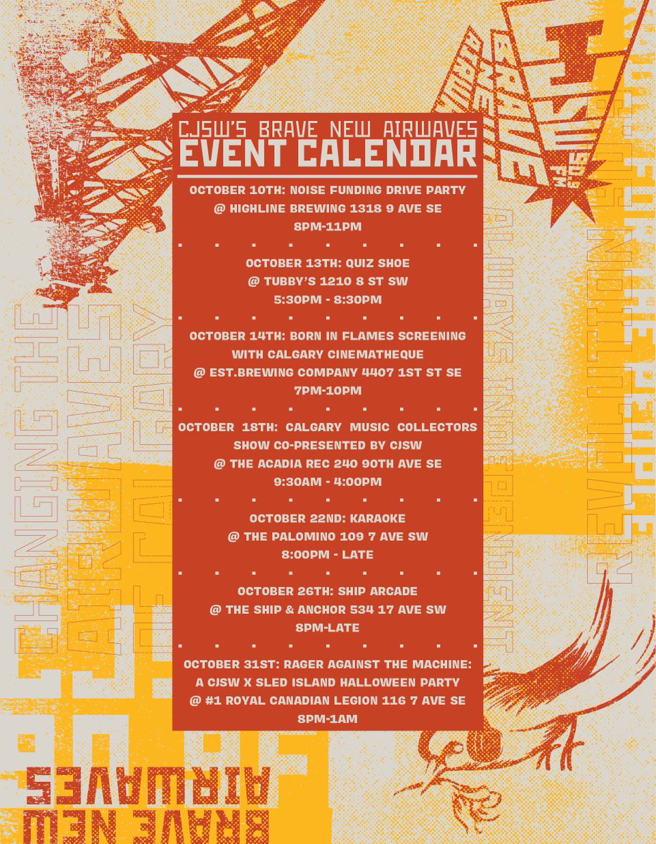 CJSW's tweet photo. CJSW's Brave New Airwaves is making it's way around the city!

Check out the events happening throughout the month, including Karaoke, a screening of Born in Flames, and our Halloween Party (more details to come!) https://t.co/3Ay8h3QLsK