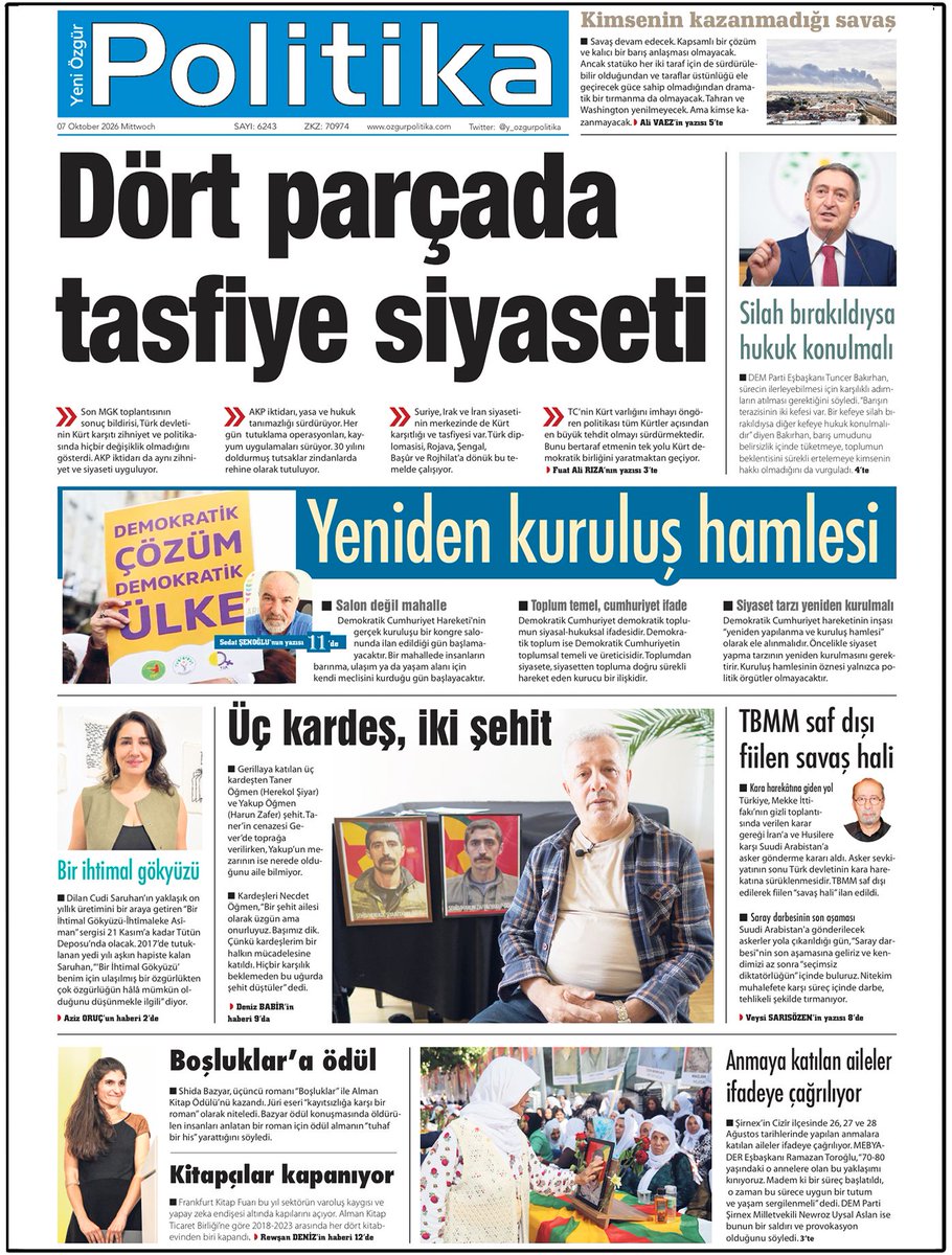 y_ozgurpolitika's tweet photo. 🔴 MANŞET

📌Dört parçada tasfiye siyaseti

◾️Son MGK toplantısı, Kürt karşıtı zihniyette hiçbir değişiklik olmadığını gösterdi. Aynı zihniyet ve siyaset uygulanıyor. TC’nin Kürt varlığını imhayı öngören politikası tüm Kürtler açısından en büyük tehdit olmayı sürdürmektedir. https://t.co/PODQg7TOsp