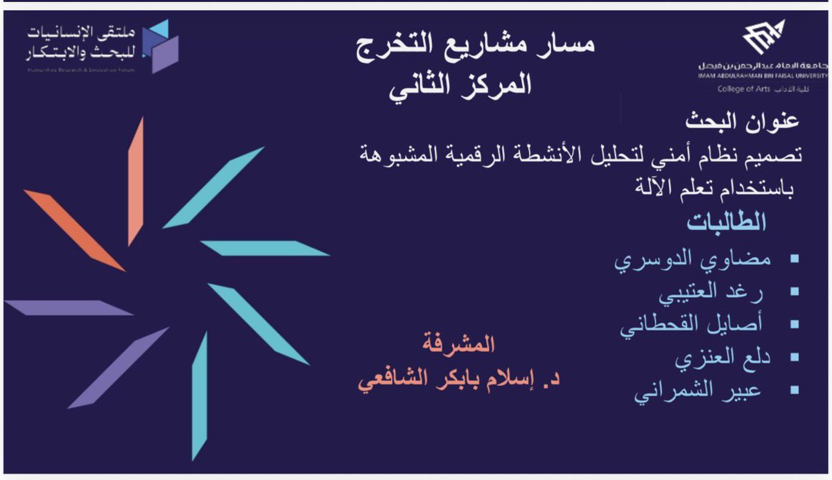 IAU_Lib's tweet photo. 1- المركز الثاني في مسار مشاريع التخرج عن مشروع بعنوان:
«تصميم نظام أمني لتحليل الأنشطة الرقمية المشبوهة باستخدام تعلم الآلة»
للطالبات: مضاوي الدوسري، رغد العتيبي، أصاي�� القحطاني، دلع العنزي، عبير الشمراني.
إشراف: د. إسلام باكير الشافعي https://t.co/rDc7ddiMff
