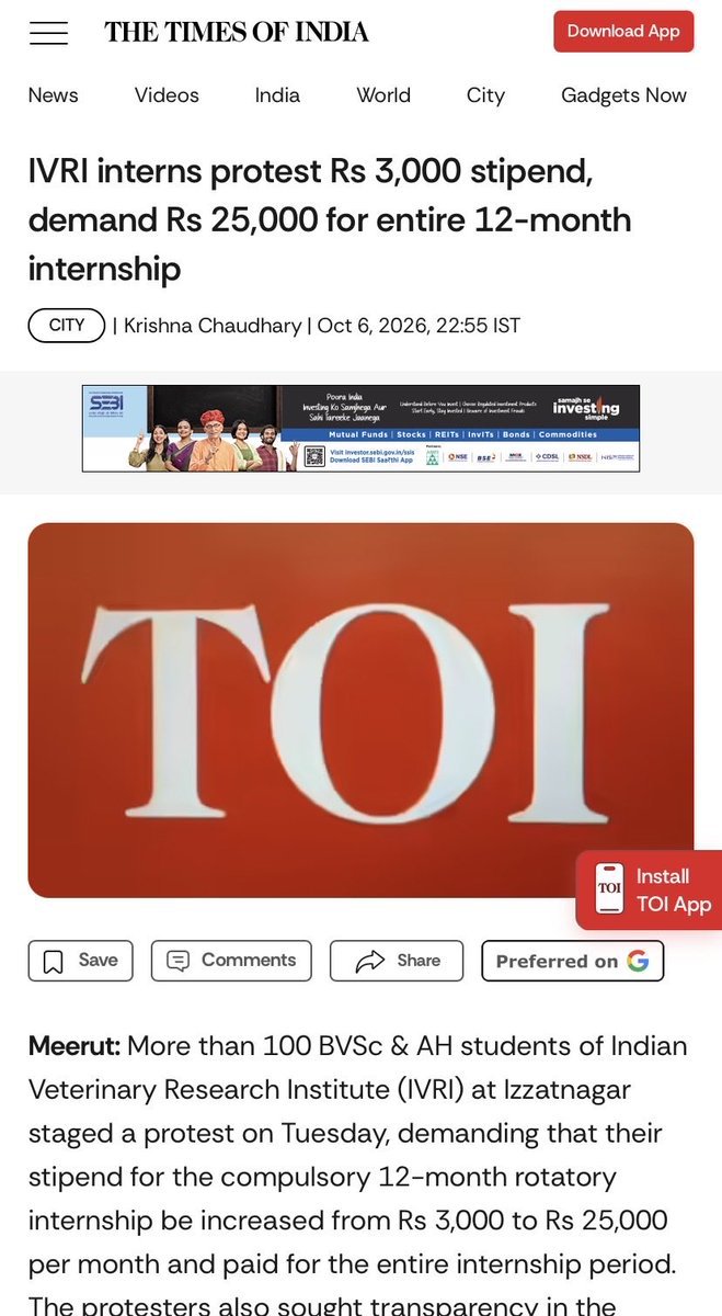 mmanvithaaa's tweet photo. Our voices are reaching beyond the campus. 🗣️
The Times of India has reported on the IVRI stipend protest.
Now it’s time for the authorities to listen.
₹3,000 is not fair. We demand justice. #IVRI @ChouhanShivraj @icarindia @PMOIndia @UPGovt @myogiadityanath https://t.co/L37YoUXRop