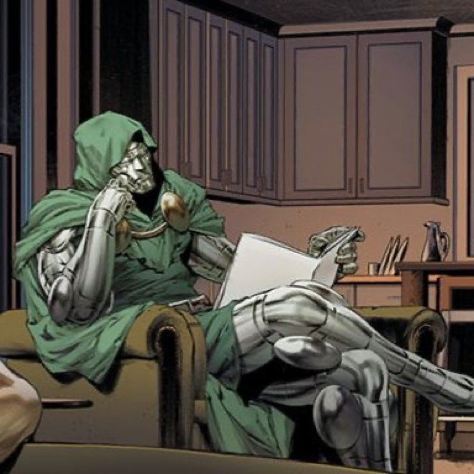 LatverianCrown_'s tweet photo. "Why have you’ve come to interrupt Doom’s reading time on thermodynamics Reader?

Be quick for I shall lose my patience if you have no reasons other than to annoy me." https://t.co/saL1TcYuC6