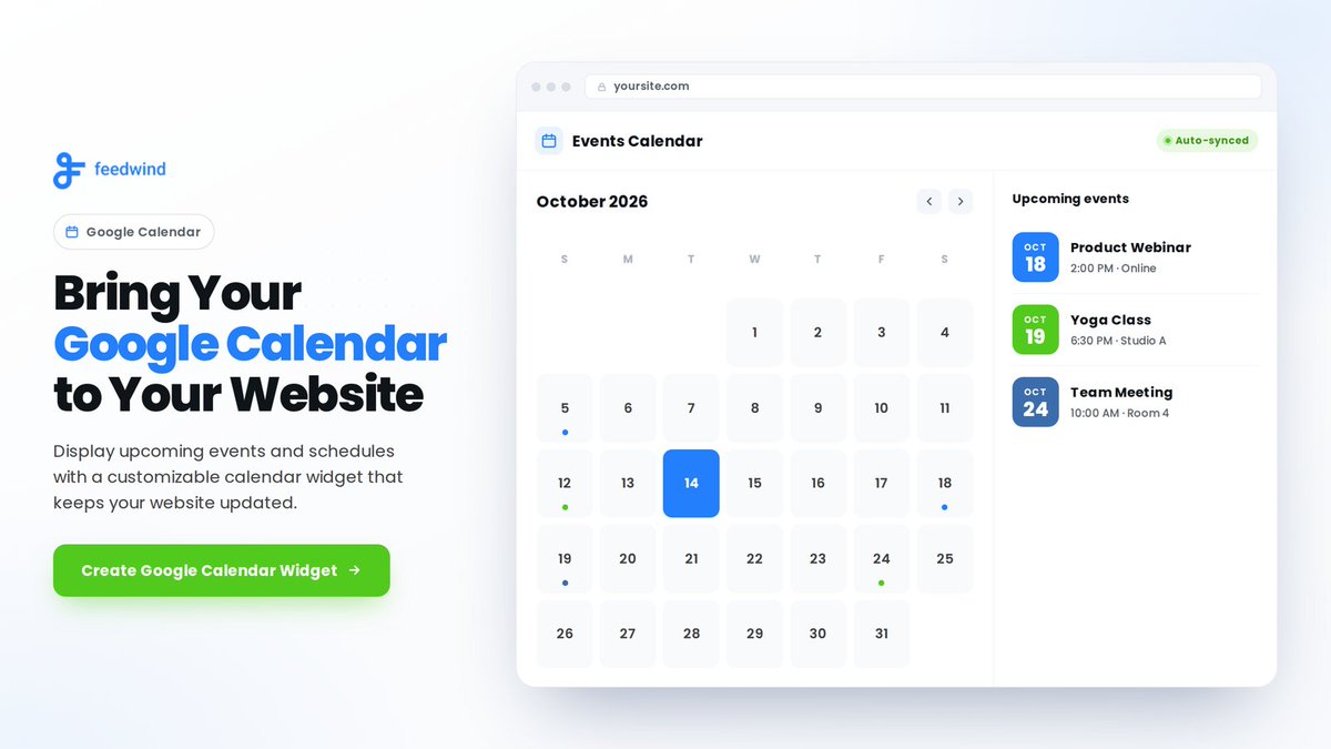 feedwind's tweet photo. Keep your website visitors informed with the #FeedWind Google Calendar Widget. Display upcoming events, webinars, classes, and appointments directly on your site—automatically updated from Google Calendar. https://t.co/tWqupKYI5c https://t.co/j3Pn7NSz8u