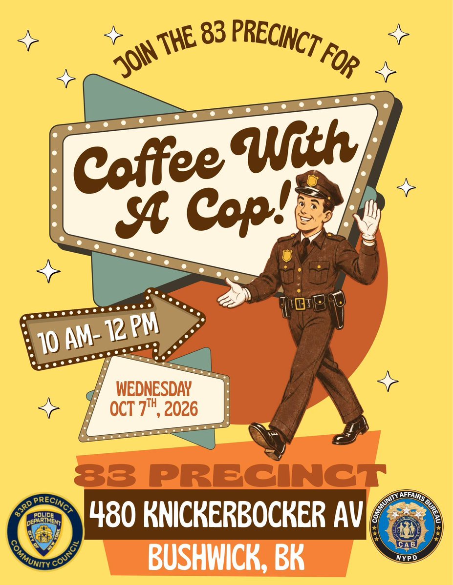 NYPD83Pct's tweet photo. Hey Bushwick, come join us tomorrow for National Coffee With a Cop ! 

We’ll have the coffee☕️,  you bring the vibes! https://t.co/hgaJ2sAdMx